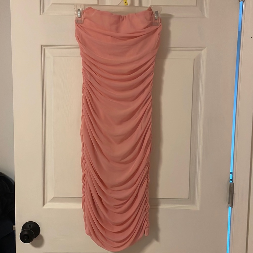 Pink ruched dress midi strapless size medium,